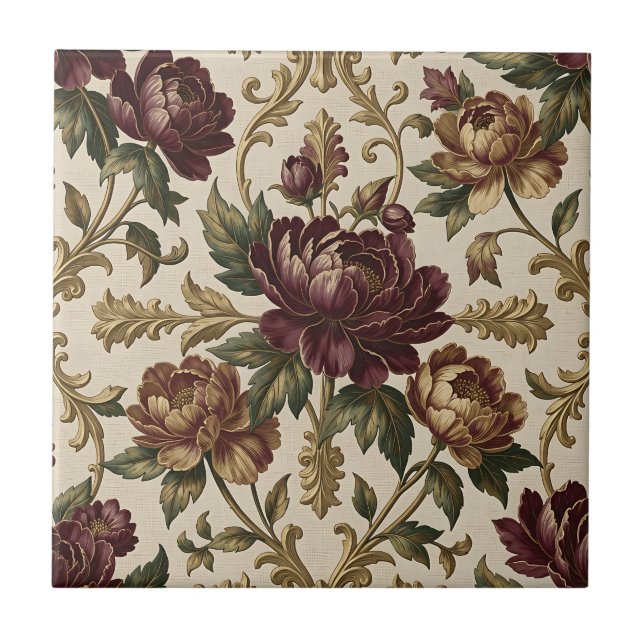 Burgundy Peony Golden Baroque Damask Pattern Tile (Front)