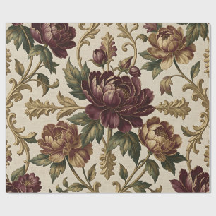 Burgundy Peony Golden Baroque Damask Pattern Wrapping Paper