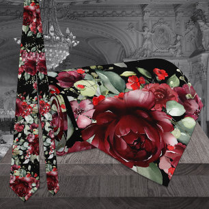 Burgundy Peony Silver Greenery Black Wedding Tie
