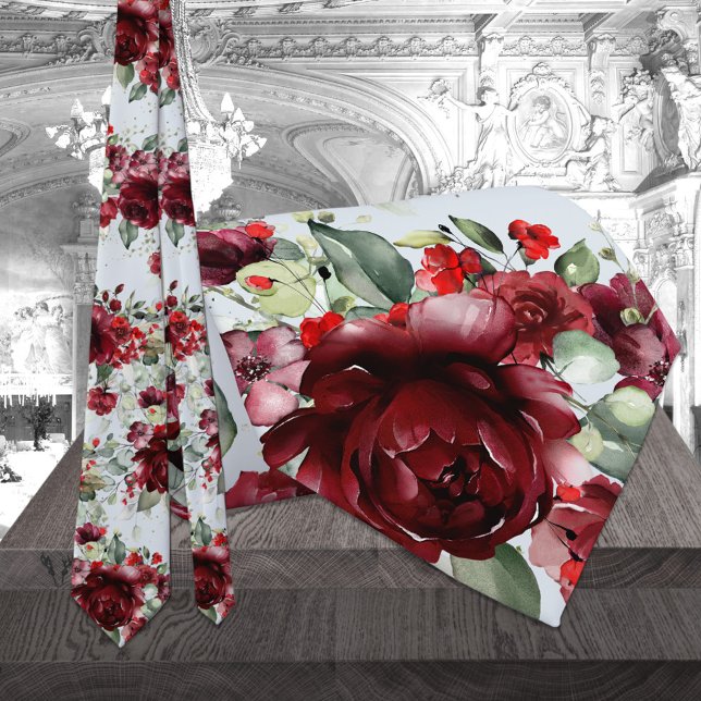 Burgundy Peony Silver Sage Greenery Blue Wedding Tie (Creator Uploaded)