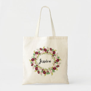 Burgundy Peony Wreath Personalized Bridesmaid Tote Bag
