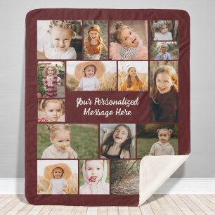 Burgundy Personalized 16 Photo Collage Custom  Sherpa Blanket