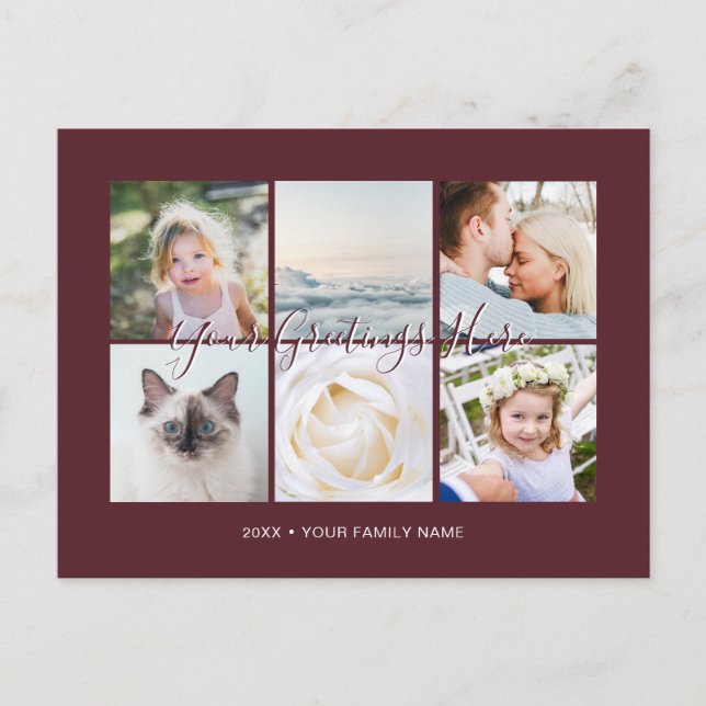 Burgundy Personalized 6 photos Universal Greetings Postcard (Front)