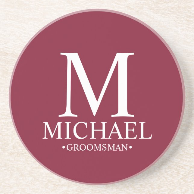 Burgundy Personalized Monogram and Name Groomsman Coaster (Front)