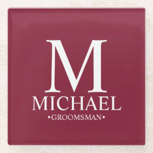 Burgundy Personalized Monogram and Name Groomsman Glass Coaster