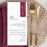 Burgundy Personalized with Guest Name Elegant Menu<br><div class="desc">Why spend in place cards and menu cards when you can have an elegant All-in-one elegant Menu personalized with each guest name! Contemporary, simple and elegant design with beautiful modern hand written calligraphy. Stripe on the top right corner in burgundy with guest name in white. Back in same burgundy as...</div>