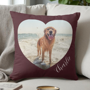 Burgundy Pet Heart Photo Script Personalized Dog Throw Pillow