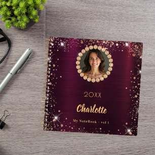 Burgundy photo diamonds rose gold glitter notebook