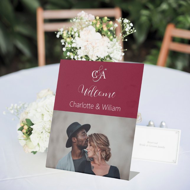 Burgundy photo monogram wedding welcome sign (Creator Uploaded)