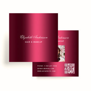 Burgundy photo qr code name elegant script square business card