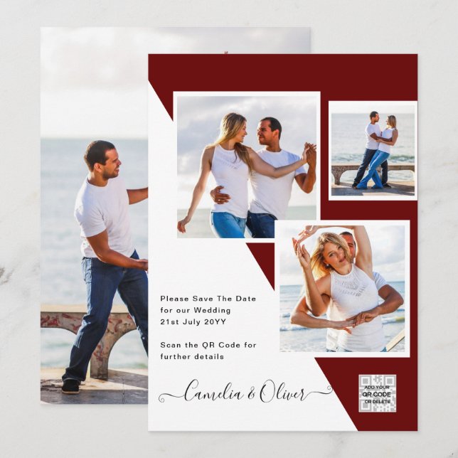 Burgundy PHOTO Wedding Invite QR Code Save Date (Front/Back)