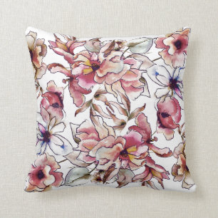 Burgundy Pink and Blue Floral Garland Watercolor Throw Pillow