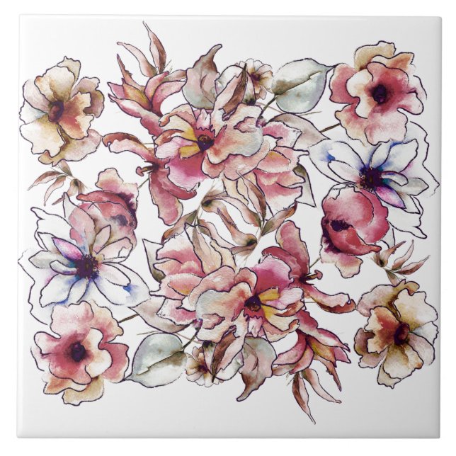 Burgundy Pink and Blue Floral Garland Watercolor Tile (Front)