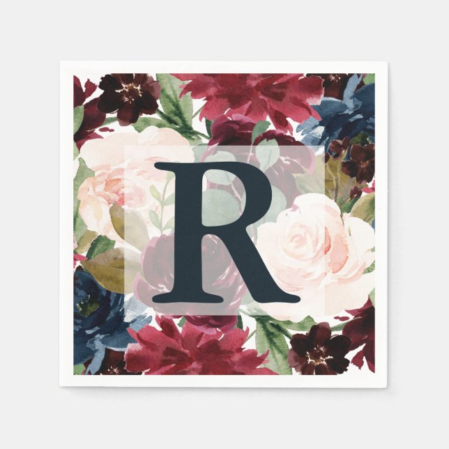 Burgundy, Pink and Navy Floral Wedding Monogram Napkin (Front)
