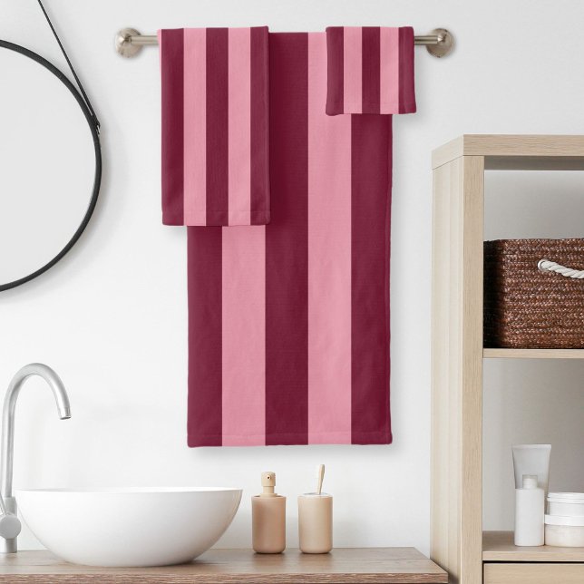 Burgundy Pink Big Stripe Pattern Bold Cherry Red Bath Towel Set (Creator Uploaded)