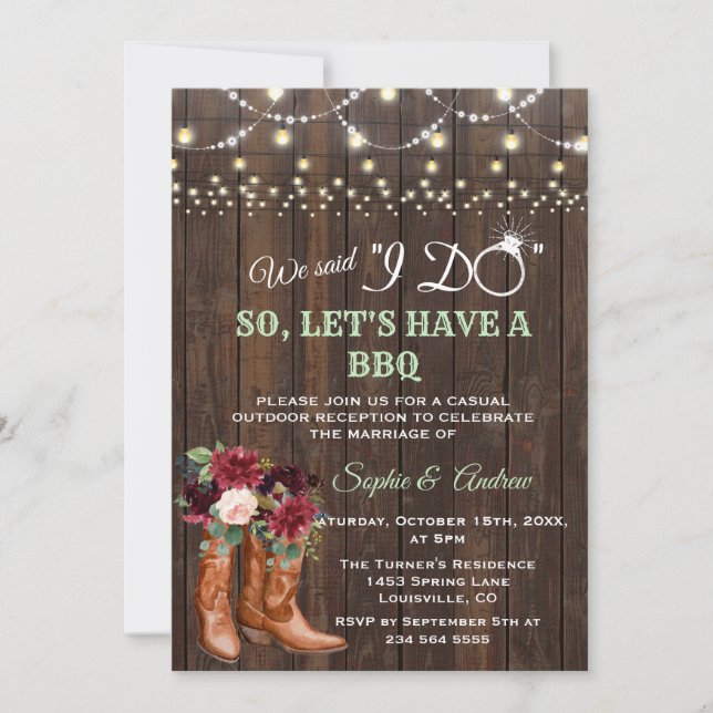 Burgundy Pink Blush Cowboy Boots After I DO BBQ Invitation (Front)