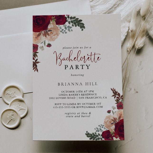 Burgundy Pink Blush Floral Bachelorette Party  Invitation (Creator Uploaded)
