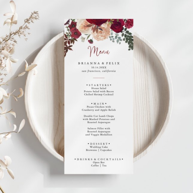 Burgundy Pink Blush Floral Diner Menu (Créateur téléchargé)