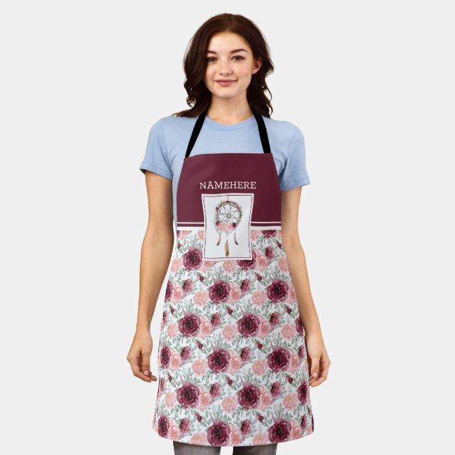 Burgundy Pink Blush Floral Dreamcatcher Pattern Apron (Worn)