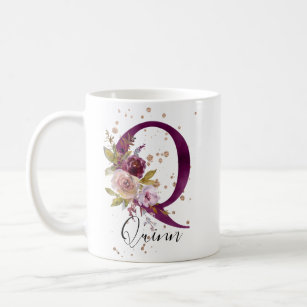 Burgundy Pink Blush Floral Letter Q Monogram Coffee Mug