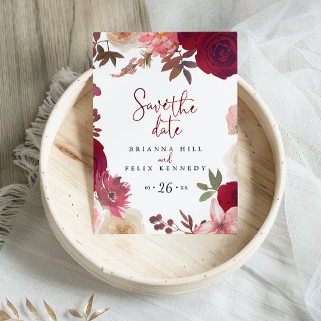 Burgundy Pink Blush Floral Save the Date  Postcard (Creator Uploaded)