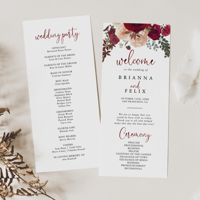 Burgundy Pink Blush Floral Wedding  Program (Creator Uploaded)