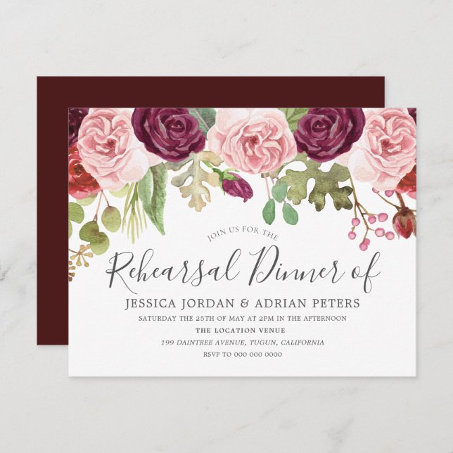 Burgundy Pink Blush Roses Modern Rehearsal Dinner Invitation (Front/Back)