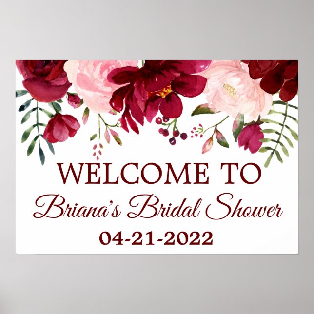 Burgundy Pink Bridal Shower Floral Welcome Poster (Front)