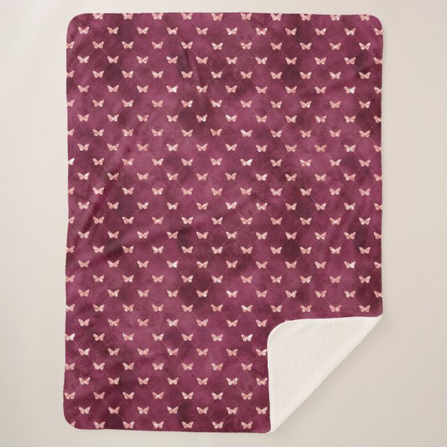 Burgundy Pink Butterflies         Sherpa Blanket (Front)