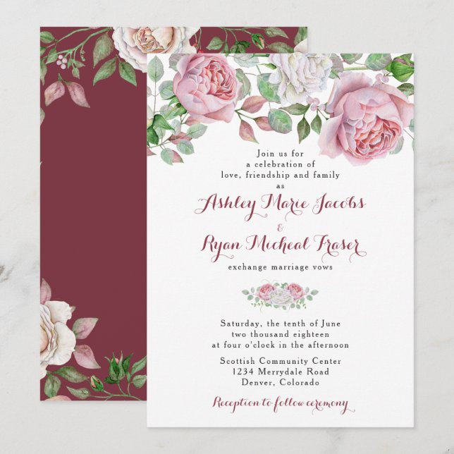 Burgundy Pink Chic Rose Floral Wedding Invitation (Front/Back)