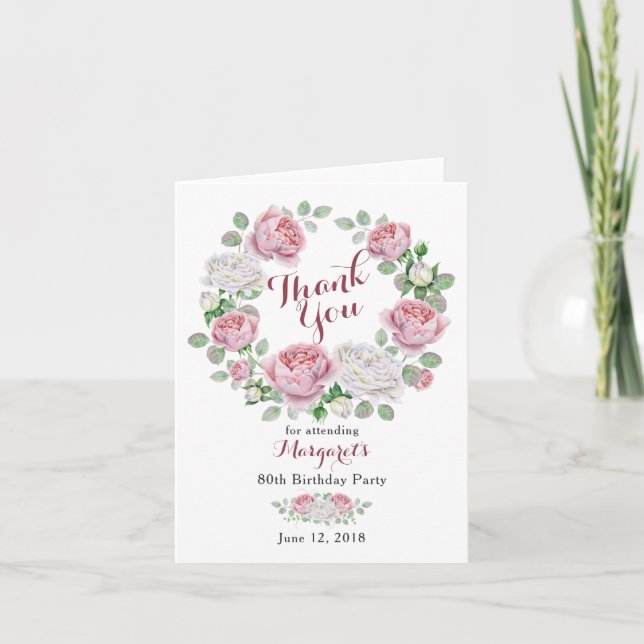 Burgundy Pink Country Rose 80th Birthday Thank You (Front)