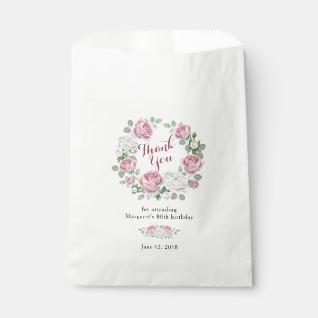Burgundy Pink Country Rose 80th Birthday Thank You Favour Bag (Front)