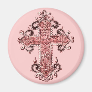 Burgundy Pink Cross Vintage Art Round Magnet! Magnet
