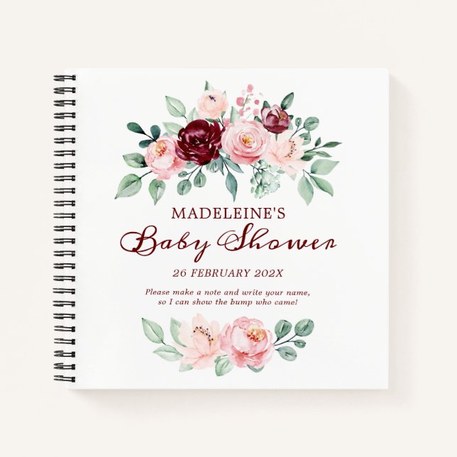 Burgundy Pink Elegant Baby Shower Guestbook Notebook (Front)