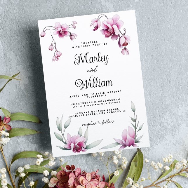 Burgundy pink elegant orchid floral Wedding Invitation (Burgundy pink elegant orchid floral Wedding)