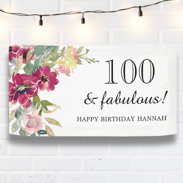 Burgundy Pink Floral 100th Birthday  Banner (Creator Uploaded)