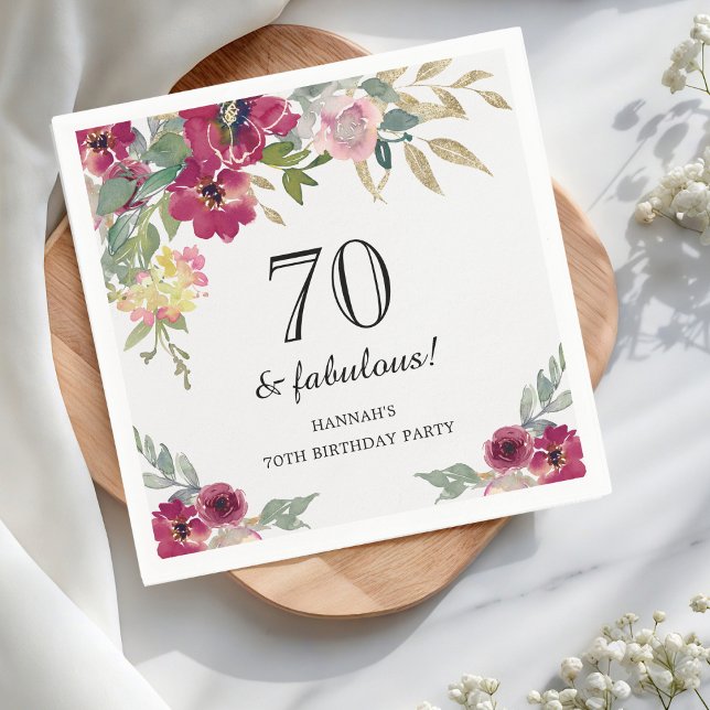Burgundy Pink Floral 70th Birthday  Napkin (Creator Uploaded)