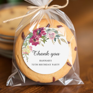 Burgundy Pink Floral 70th Birthday Thank you Classic Round Sticker