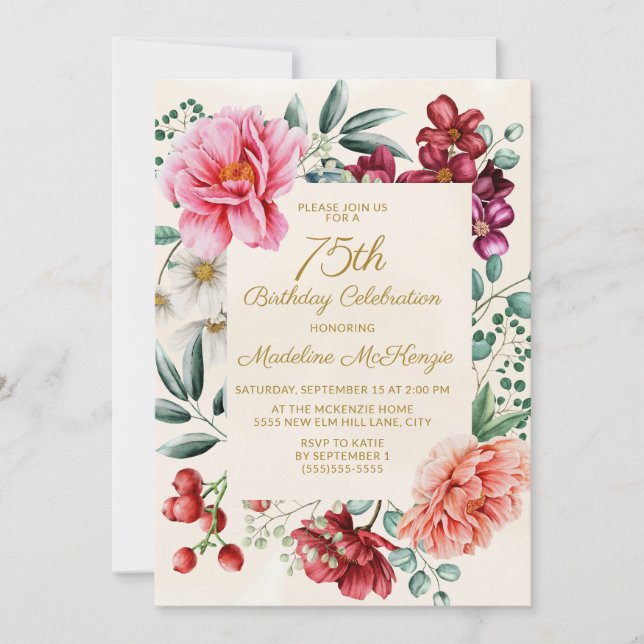 Burgundy Pink Floral 75th Birthday Invitation (Front)