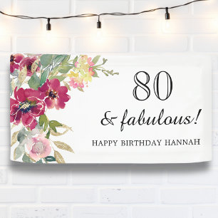 Burgundy Pink Floral 80th Birthday  Banner