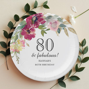 Burgundy Pink Floral 80th Birthday  Paper Plate