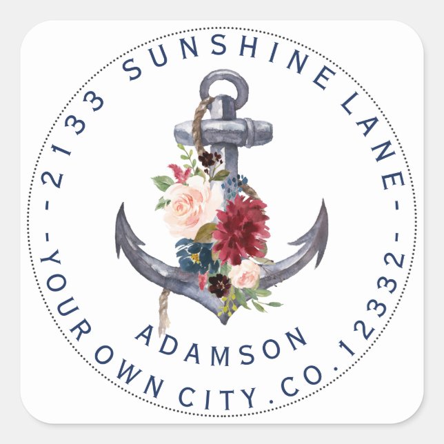 Burgundy Pink Floral Anchor Circular Address Label (Front)