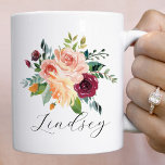 Burgundy Pink Floral Bouquet Script Name Coffee Mug<br><div class="desc">Custom coffee mug features a stylish modern monogram in script writing with a boho floral bouquet design with beautiful fall watercolor flowers, including roses, dahlias, peony flowers, and greenery, in a gorgeous autumn palette of burgundy red, golden yellow, peach orange, blush pink, and shades of green. Personalize with a first...</div>