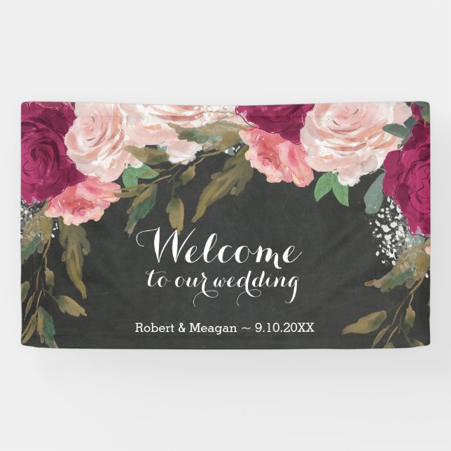 burgundy pink floral chalkboard welcome banner (Horizontal)