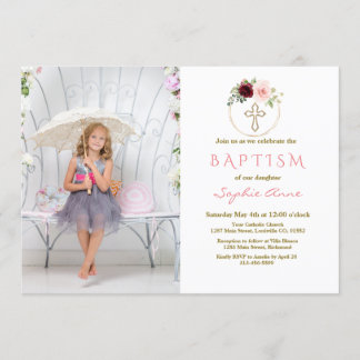 Burgundy Pink Floral Cross Girl Photo Baptism Invitation