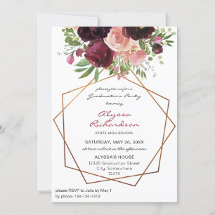 Burgundy & Pink Floral & Frame Grad Party Photo v2 Invitation
