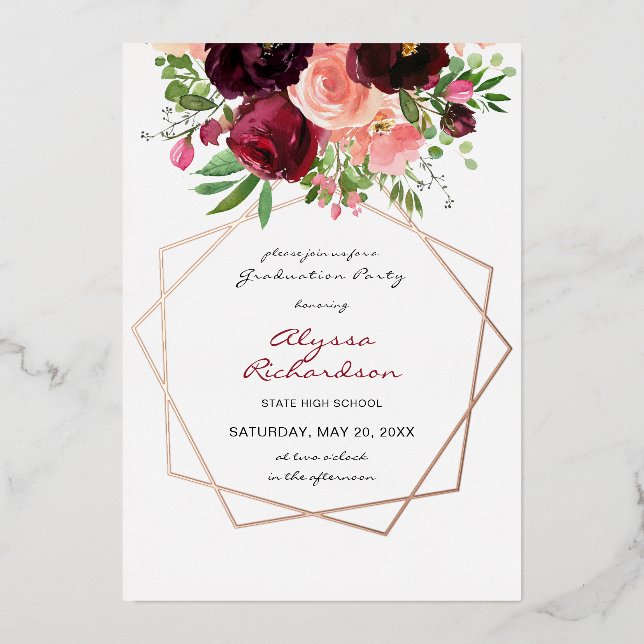 Burgundy & Pink Floral & Frame Graduation Party (Front)