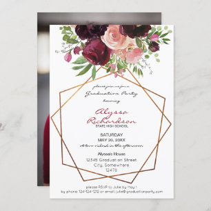 Burgundy & Pink Floral Frame Photo Graduation Invitation