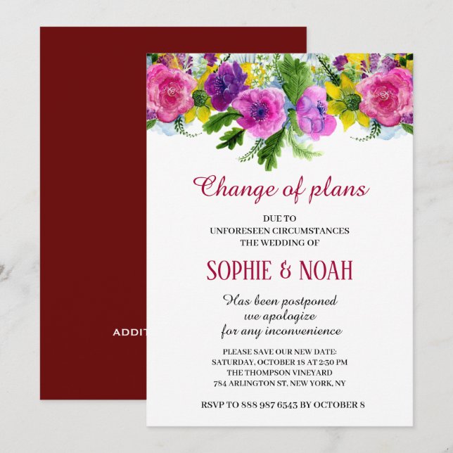 Burgundy Pink Floral Garland Rescheduled Wedding Invitation (Front/Back)