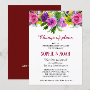 Burgundy Pink Floral Garland Rescheduled Wedding Invitation